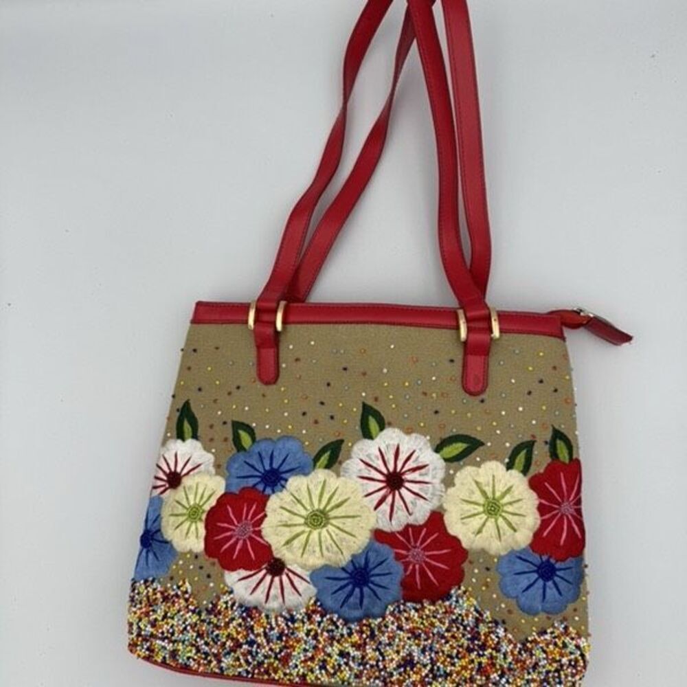 Vintage 90s Ermo Womens Multicolor Embroidered Beaded Floral Shoulder Bag Purse